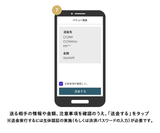 送る相手の情報や金額、注意事項を確認のうえ、「送金する」をタップ