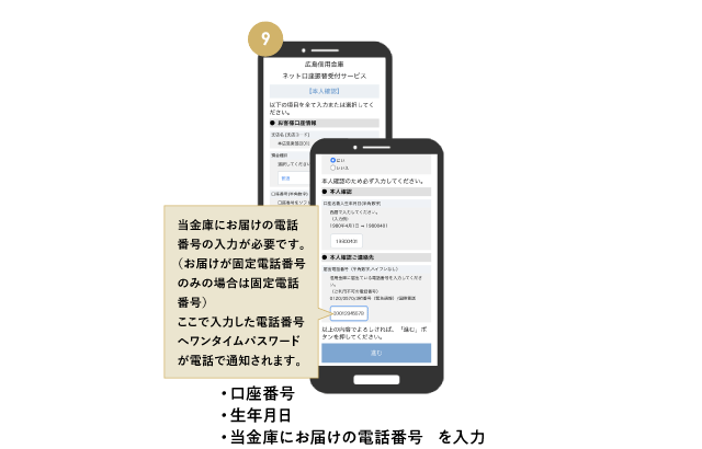 口座番号・生年月日・当金庫にお届けの電話番号を入力