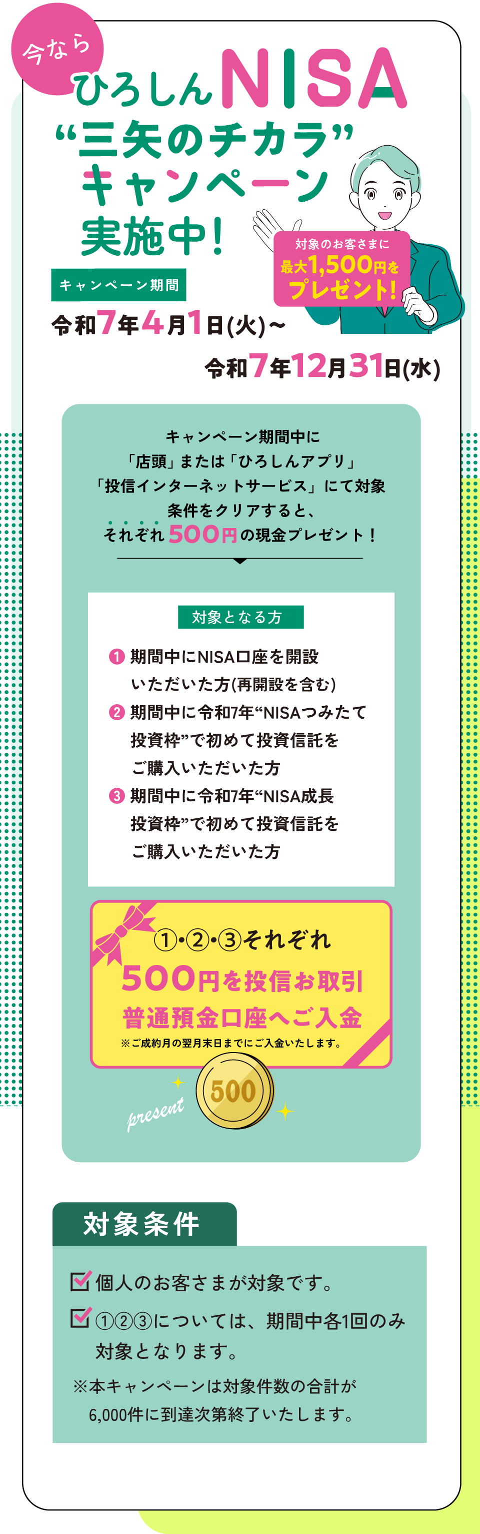 ひろしんNISA 三矢のチカラキャンペーン実施中!対象のお客様に最大1,500円プレゼント!